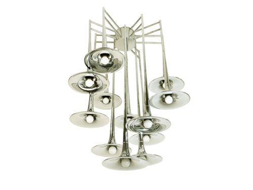 12-light tromba chandelier, Goffredo Reggiani for Reggiani illuminazione, 1960-70s Chrome Plated Metal & Brass