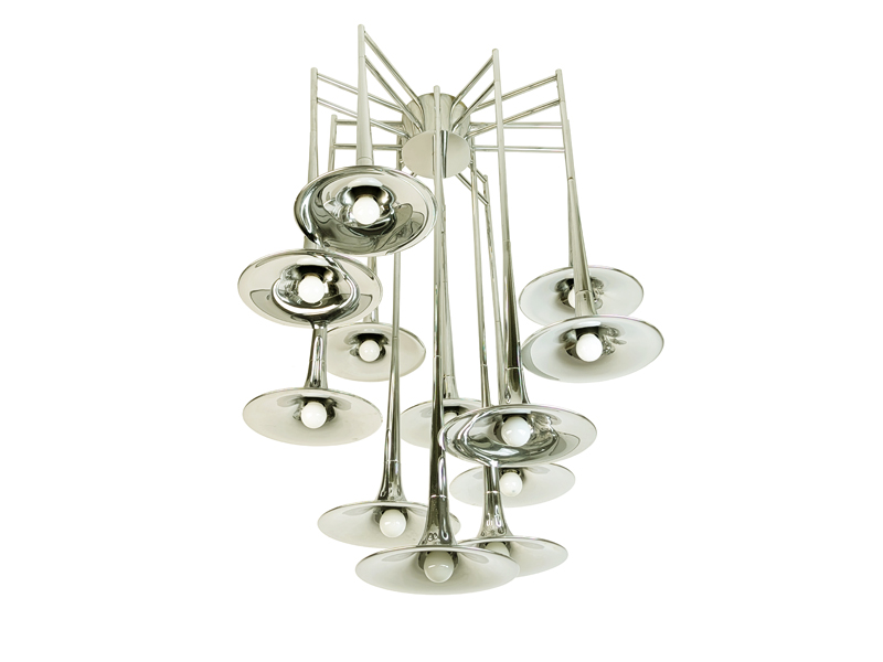 Chrome plated metal 1970s 12-lights trumpet chandelier by Reggiani_00 12-light tromba chandelier, Goffredo Reggiani for Reggiani illuminazione, 1960-70s Chrome Plated Metal & Brass