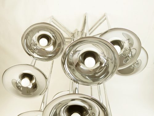 12-light tromba chandelier, Goffredo Reggiani for Reggiani illuminazione, 1960-70s Chrome Plated Metal & Brass