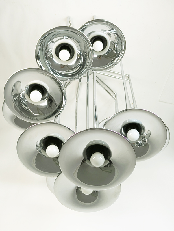 Chrome plated metal 1970s 12-lights trumpet chandelier by Reggiani_010 12-light tromba chandelier, Goffredo Reggiani for Reggiani illuminazione, 1960-70s Chrome Plated Metal & Brass