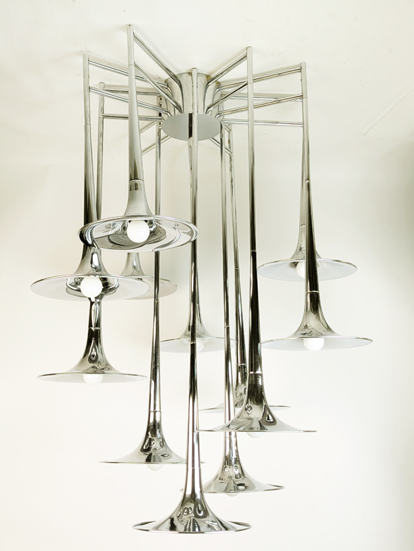 Chrome plated metal 1970s 12-lights trumpet chandelier by Reggiani_04 12-light tromba chandelier, Goffredo Reggiani for Reggiani illuminazione, 1960-70s Chrome Plated Metal & Brass