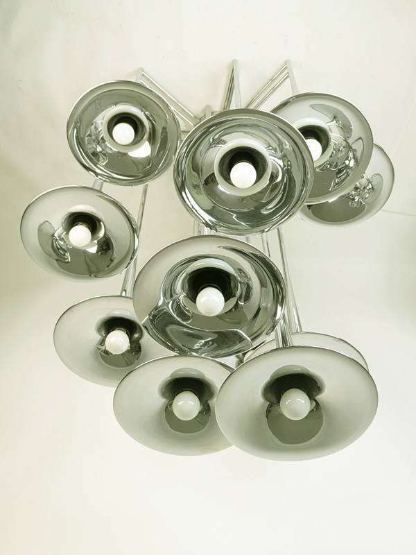 Chrome plated metal 1970s 12-lights trumpet chandelier by Reggiani_06 12-light tromba chandelier, Goffredo Reggiani for Reggiani illuminazione, 1960-70s Chrome Plated Metal & Brass