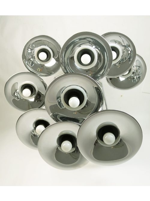 12-light tromba chandelier, Goffredo Reggiani for Reggiani illuminazione, 1960-70s Chrome Plated Metal & Brass