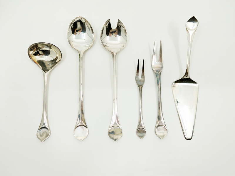 silver plated metal 1960s Lotus cutlery set for 6 persons by Rosenthal_02 Lotus 6 person cutlery set, B. Wiinblad & K.G. Hansen for Rosenthal Studio Linie , 1960-70s Silver-Plated Metal