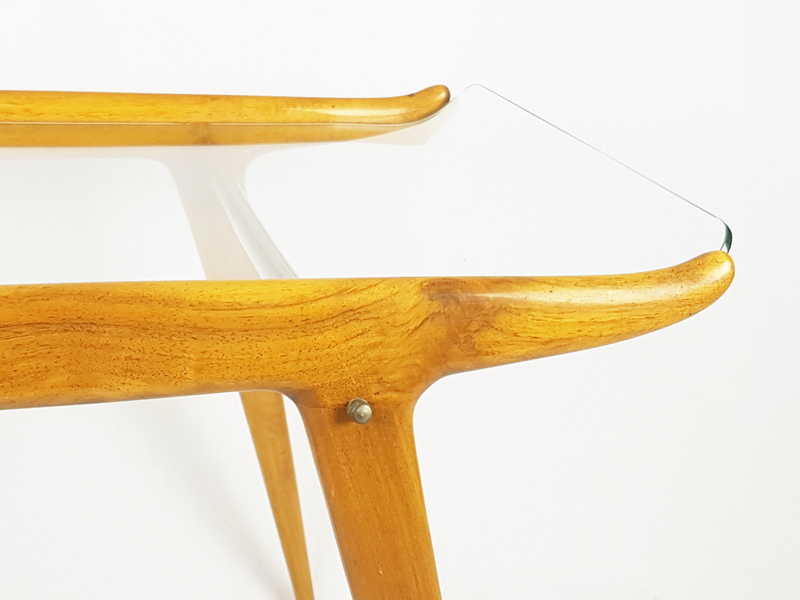 Beech wood and curved glass 1950s coffee table in the style of FA_03 Coffee table, F. Lanzani, 1950s Beech, Glass & Brass