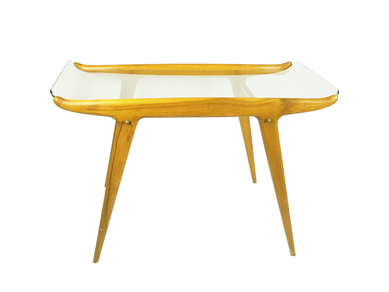 Beech wood and curved glass 1950s coffee table in the style of FA_05 Coffee table, F. Lanzani, 1950s Beech, Glass & Brass