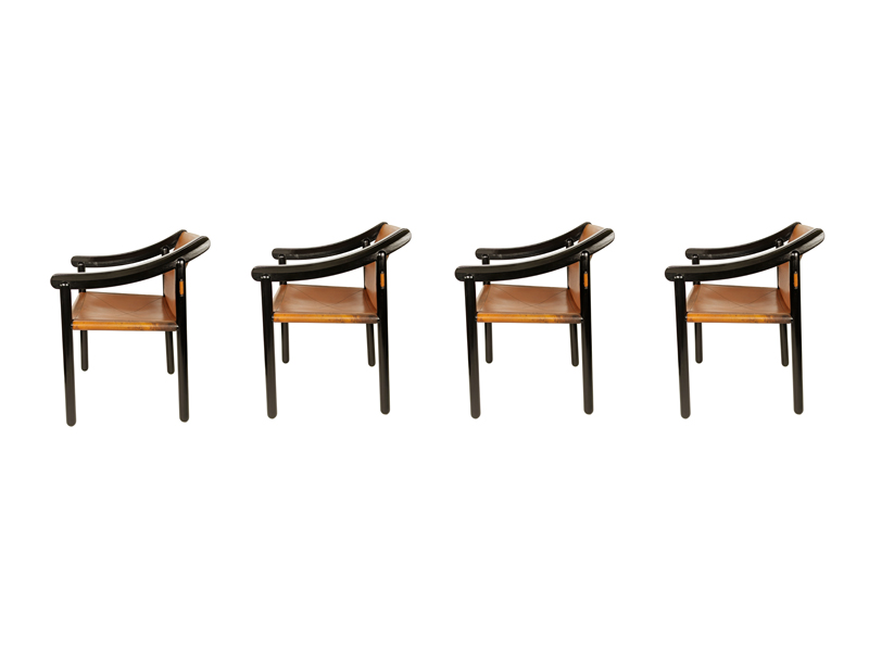 Black wood & brown leather armchairs by Magistretti Cassina_00 905 dining chair, set of 4, Vico Magistretti for Figli di Amedeo Cassina, Italy), 1964 Laquered Wood, Leather