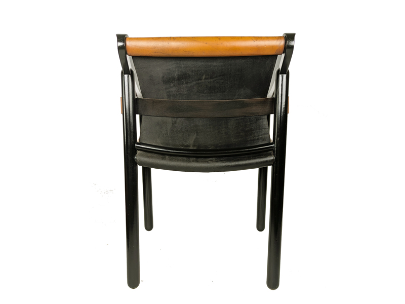 Black wood & brown leather armchairs by Magistretti Cassina_04 905 dining chair, set of 4, Vico Magistretti for Figli di Amedeo Cassina, Italy), 1964 Laquered Wood, Leather
