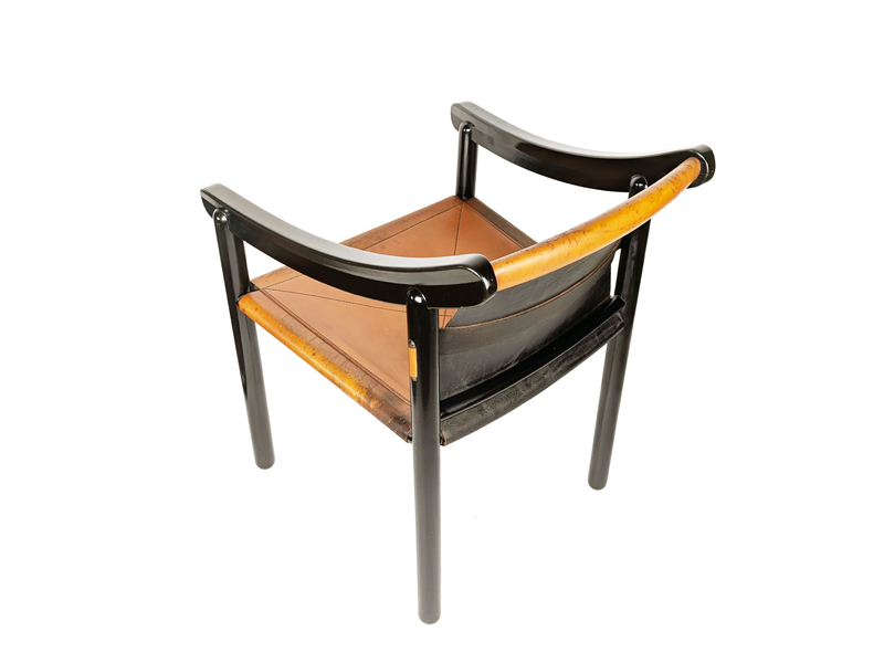 Black wood & brown leather armchairs by Magistretti Cassina_12 905 dining chair, set of 4, Vico Magistretti for Figli di Amedeo Cassina, Italy), 1964 Laquered Wood, Leather