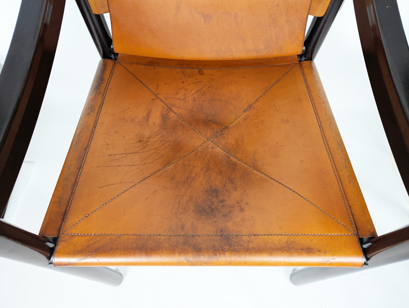 Black wood & brown leather armchairs by Magistretti Cassina_13 905 dining chair, set of 4, Vico Magistretti for Figli di Amedeo Cassina, Italy), 1964 Laquered Wood, Leather