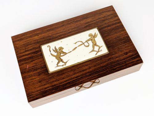 Decorative boxe, Italy, 1940s Wood, Brass & Painted Ceramic