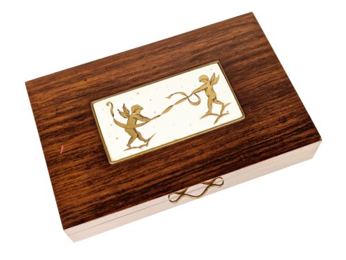 Decorative boxe, Italy, 1940s Wood, Brass & Painted Ceramic