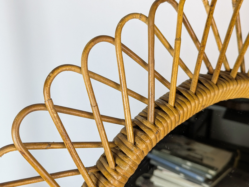 Italian hand made rattan 1960s round mirror_03 Rattan mirror, Italy, 1960s Rush, Rattan