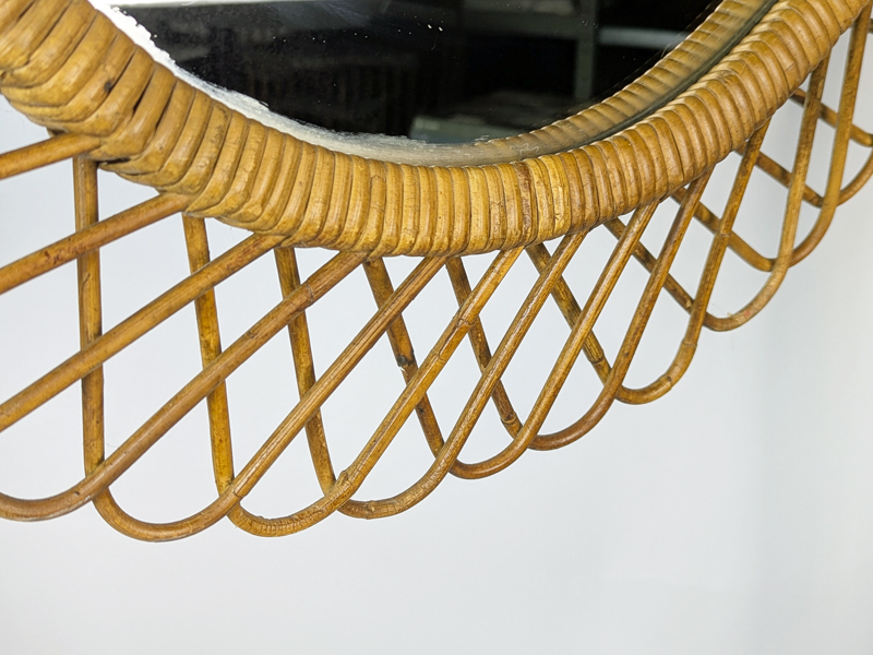 Italian hand made rattan 1960s round mirror_05 Rattan mirror, Italy, 1960s Rush, Rattan