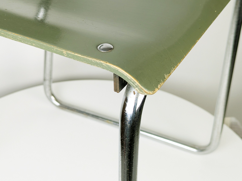 light green_Grey plywood & chrome plated metal 1930s rationalist chair_07 Rationalist chair, Switzerland, 1930s Painted Plywood & Chrome Plated Metal