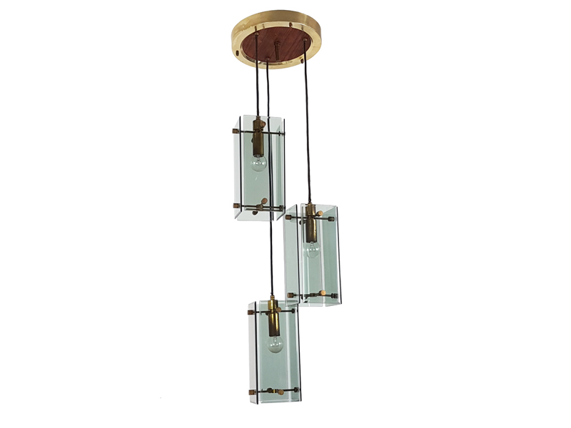 IT1CFC~1 3-lights pendant, Cristal Art (attributed to). Italy, 1960s Brass, Smoked Glass, Wood, Aluminum, Fabric