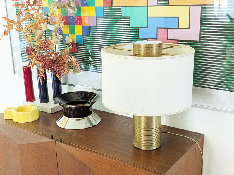 Brushed brass, painted metal & fabric 1970s table lamp_11