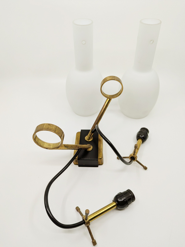 opaline glass, black metal & brass 1950s sconces, set of 2_10